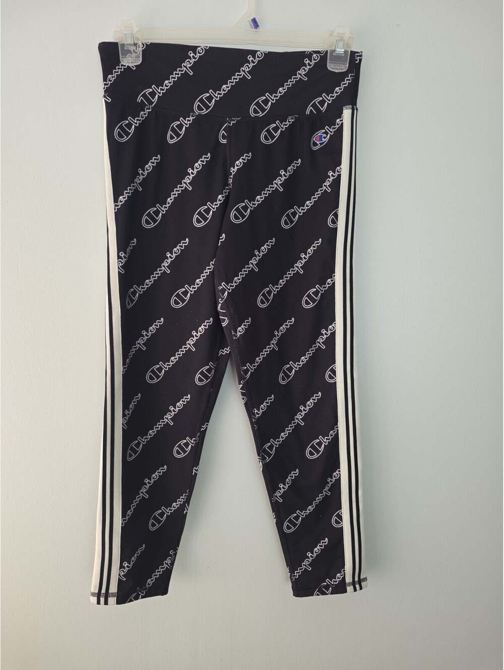Champion Womens Track Pants Allover Logo Print Size Large Black Pockets Jogger
